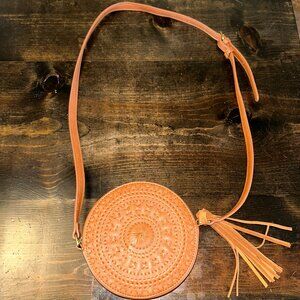 Round Tan Crossbody Purse with Tassel